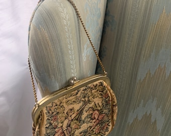 Vintage 1950&#39;s Small Floral Tapestry Handbag/Evening Bag Vintage JR Miami Julius Resnick with Chain Handle.