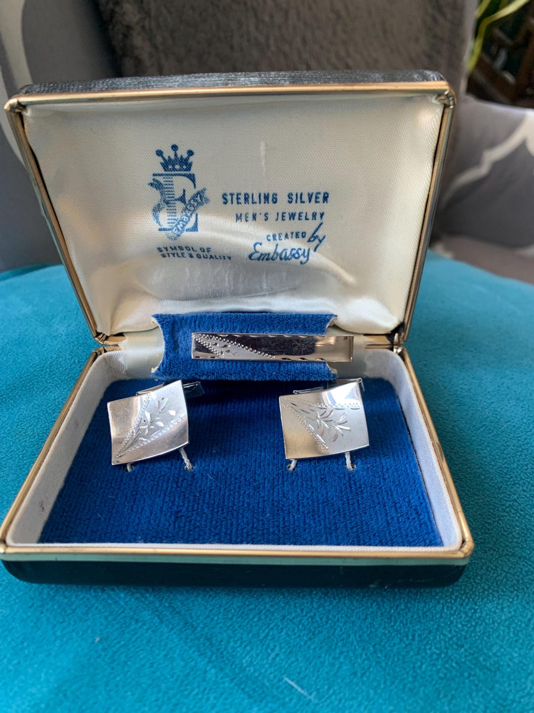 Magnificent Set of Cufflinks and a Tie Clip in Sterling Silver Engraved ...