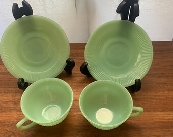 FIRE KING Jadeite Jane Ray, set of 2 cups and 2 saucers, stamped cups saucer sunburst striped pattern.