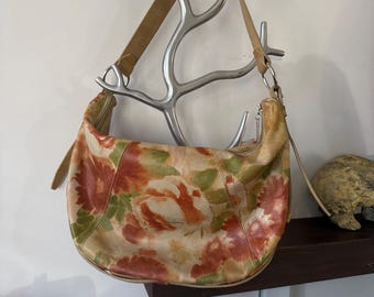 Vintage soft leather bag with hand-painted floral design, Joanel Canada brand, boho