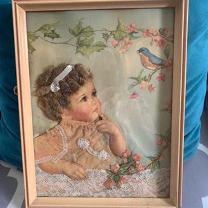 Charlotte Becker vintage the blue Bird wood frame, real hair, fabric dress, naive art