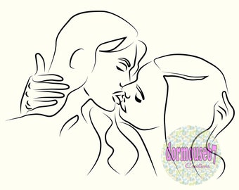 Kussende lijntekeningen, Girls Kissing Drawing, Lesbisch jubileum, direct downloaden, afdrukbaar