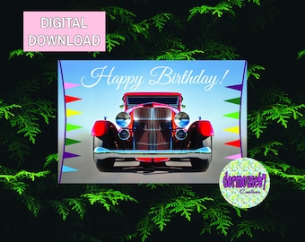 Tarjeta de cumpleaños de coche vintage, tarjeta de coche vintage, tarjeta para el abuelo, tarjeta para papá, tarjeta de coche clásico, saludo de coche vintage, imprimible, descarga digital