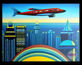 Retro Futurism, airplane , Futuristic Wall art, Retro Sci Fi,Sci Fi wall art, art deco,retro jet plane art,digital download,ai art,printable