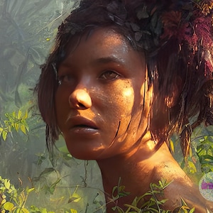 Dystopian, Post Apocalyptic,Jungle Woman,fantasy forest art, black woman portrait, ai art ,digital download, printable