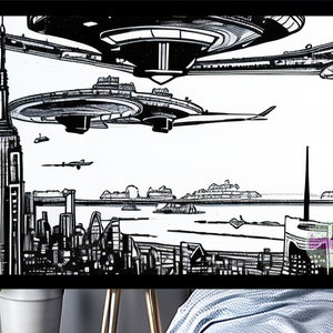 Retro Futurism art, flying saucer art, art deco art,digital download, ai art, printable