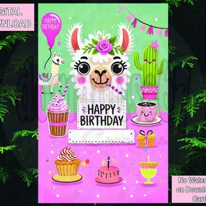 Cute Llama Birthday Card, Birthday card for girls, Lama Birthday, Colorful kids greeting card, Girl Birthday, Instant download, Printable