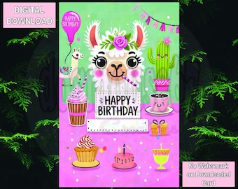 Cute Llama Birthday Card, Birthday card for girls, Lama Birthday, Colorful kids greeting card, Girl Birthday, Instant download, Printable