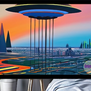 Retro Futurism art,Mothership Retro Futuristic Wall art,Sci Fi wall art,flying saucer art,Futuristic art,digital download,ai art, printable