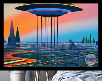 Retro Futurism art,Mothership Retro Futuristic Wall art,Sci Fi wall art,flying saucer art,Futuristic art,digital download,ai art, printable