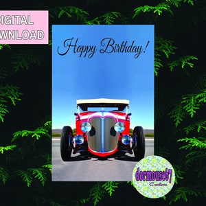 Cartão de aniversário Hot Rod, cartão de carro clássico, download digital, para impressão 5 x 7