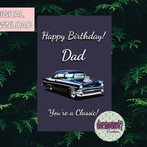 Carte d'anniversaire 57 voiture classique noire pour père, 1957 Bel Air | Carte d'anniversaire à téléchargement numérique 5 x 7 pouces |