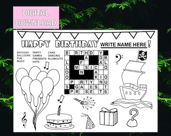 Página para colorear de cumpleaños de piratas, mantel individual para actividades de fiesta (descarga digital)