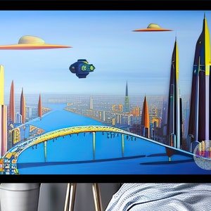Flying Saucer art, Retro Futuristic art, Futuristic Wall art, Sci Fi wall art, art deco, digital download, ai art, printable,Home Decor