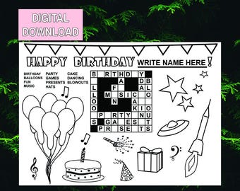 May include: Black and white printable birthday activity sheet with the words "Happy Birthday" and "Write Name Here!" Includes a crossword puzzle, balloons, cake, stars, and other party-themed illustrations. Digital download.