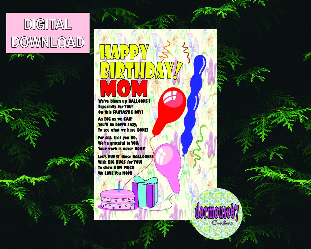 Happy Birthday Mom,card From Kids, Card for Mom,balloon Birthday Card ...