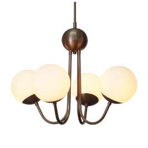 Handmade Brass Sputnik Chandelier – Stilnovo Style with Four Glass Globes, Mid-Century Modern Pendant Light