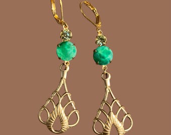 Vintage Swarovski Green Peking Glass Dangle Earrings: Art Nouveau Style