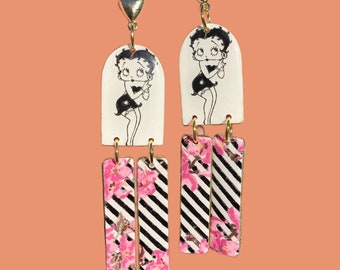 Betty Boop earrings One of a kind earrings Handmade polymer clay earrings statement image transfer earrings black white pink dangle earrings