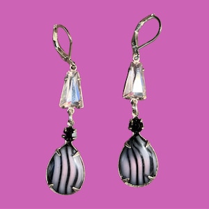 Vintage Swarovski earrings Jet Striped Earrings silver Leverback Earrings pale purple drop earrings retro classy earrings Fancy dangles