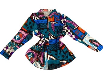 Vintage Blouse -Women's Clothing Tops Geometric Printed Long Sleeved Top-Buttoned Shirt-Designer Royal Blue, top, long sleeve , multi color