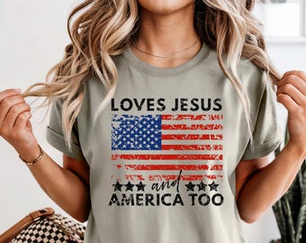 Comfort Colors 4th of July Shirt, Loves Jesus Shirt, American Flag TShirt, Patriotic Shirt, USA Shirt, July 4th Shirt, Fourth of July Shirt