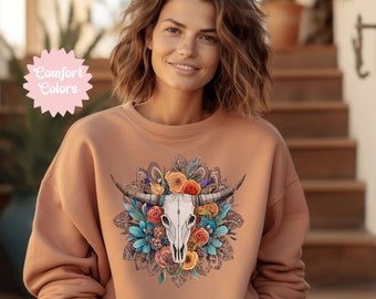 Boho Cow Skull Sweatshirt, Texas Sweatshirt, Wild West Sweatshirt, Cowgirl Sweater, Bull Skull Sweatshirt, Western Clothing, Country Sweater