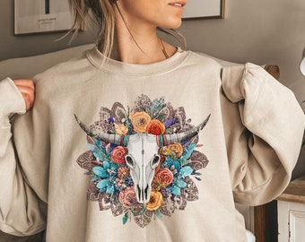 Boho Cow Skull Sweatshirt, Texas Sweatshirt, Wild West Sweatshirt, Cowgirl Sweater, Bull Skull Sweatshirt, Western Clothing, Country Sweater