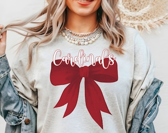 Cardinals Coquette Bow Shirt, Cardinals Mascot Bow TShirt, Cardinals Teacher T-Shirt, Coquette School Shirt, Cardinals Football Mom Shirt