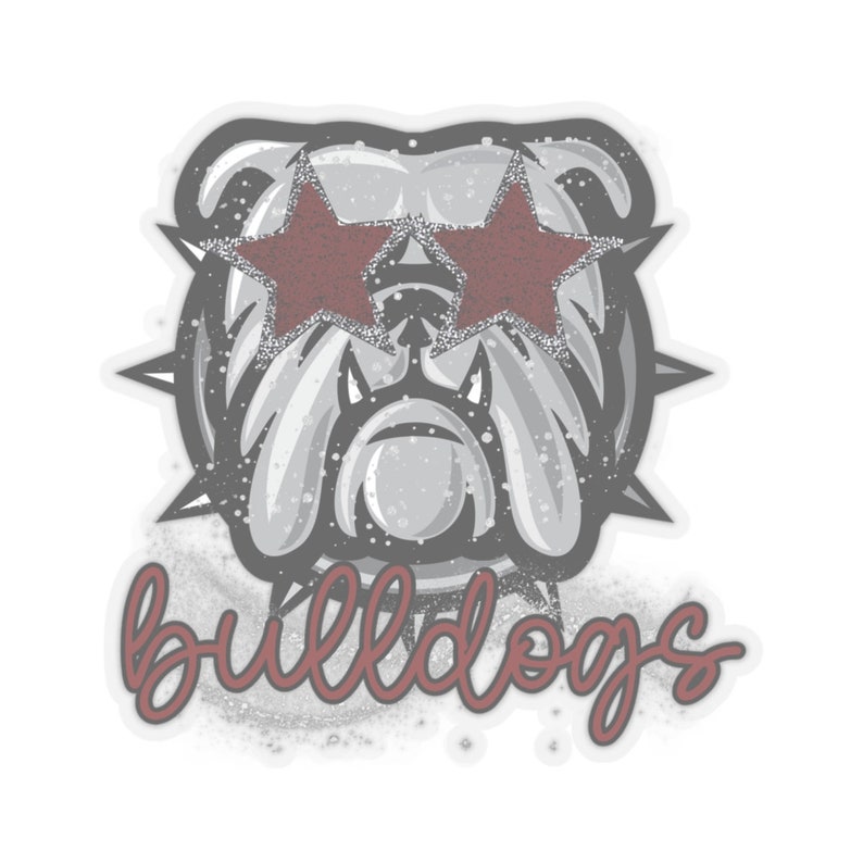 K&ouml;nnte beinhalten: Ein grauer Bulldogge mit einem stacheligen Halsband tr&auml;gt eine rote Glitzer-Sonnenbrille in Sternform. Der Text "bulldogs" ist in rotem Glitzer unter dem Bulldogge geschrieben.