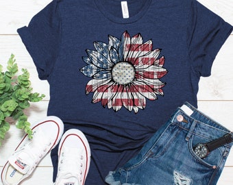 America Sunflower Shirt, USA Flag Flower T Shirt, Gift For American, 4th Of July Flag Graphic T-Shirt, Freedom TShirt, Independence Shirt