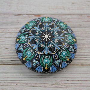 Black and Blue Handmade Painted Stone Mandala