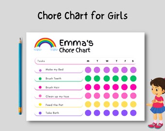 Editable Chore Chart For Girls, Kids Checklist, Cleaning Checklist, Weekly Schedule, Chore Chart For Kids, Routine Chart, Instant Download