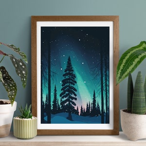 Northern lights / aurora borealis travel poster with a winter landscape in Rovaniemi Lapland Finland