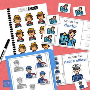 May include: Educational activity set featuring illustrations of farmers, doctors, and police officers. The set includes a spiral-bound notebook with farmer illustrations, matching cards, and the text "Match the doctor" and "Match the police officer".