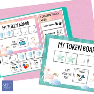May include: Two colorful token boards with the text "MY TOKEN BOARD" and "I AM WORKING FOR:". The boards feature illustrations of diamonds, stars, and a unicorn. One board has the text "I CAN EARN TOKENS WHEN: Quiet Hands" and "Work Hard".