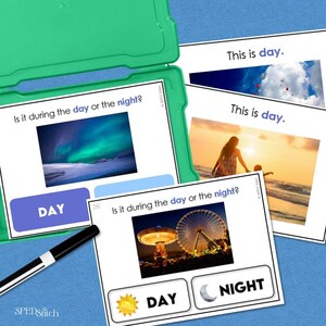 Op de afbeelding: Educatieve flashcards met de tekst "Is het overdag of 's nachts?" en "Dit is dag." De kaarten bevatten afbeeldingen van het noorderlicht, een strandscène en een reuzenrad. Een groene koffer en een zwarte stift zijn ook zichtbaar.