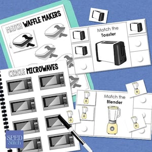 May include: Educational matching game featuring illustrations of kitchen appliances. The game includes cards with waffle makers, toasters, blenders, and microwaves. The text "Match Waffle Makers", "Circle Microwaves", and "Match the Blender" are visible.