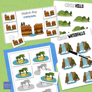 May include: Educational matching game with colorful illustrations. The game includes cards with canyons, waterfalls, hills, and islands with palm trees. The text "Match the canyons" is visible on one of the cards. The game is designed for educational purposes.