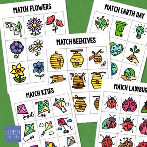 May include: A collection of educational matching game cards with colorful illustrations. The cards feature themes like flowers, beehives, Earth Day, kites, and ladybugs. Each card has a title and matching images for learning and fun.
