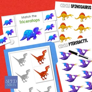 May include: Educational dinosaur-themed activity sheets. Includes matching games with Triceratops, Spinosaurus, and Pterodactyl illustrations. Features a blue folder with dinosaur images and the text "SPED Stitch".