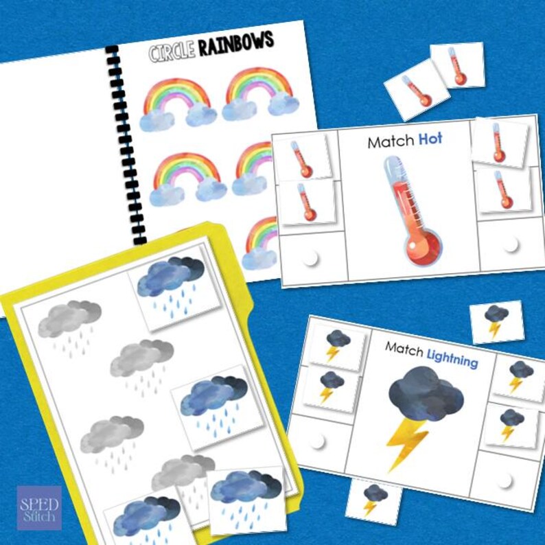 Pode incluir: Materiais educativos com ilustra&ccedil;&otilde;es com tema de clima. Inclui um livro com espiral com gr&aacute;ficos de arco-&iacute;ris e cart&otilde;es de correspond&ecirc;ncia com imagens de nuvens de chuva, term&oacute;metros e raios. O texto "CIRCLE RAINBOWS" &eacute; vis&iacute;vel.