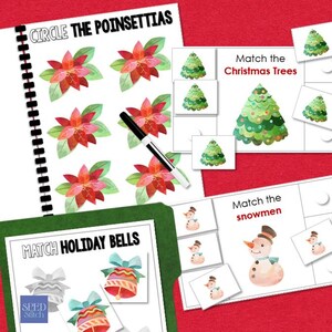 May include: A spiral-bound activity book with the title "CIRCLE THE POINSETTIAS" features red poinsettias. Matching games with Christmas trees, snowmen, and holiday bells are also visible. A black marker is placed on the page.