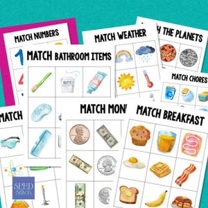 May include: A collection of educational matching game cards with various themes, including numbers, bathroom items, weather, planets, chores, money, and breakfast. Each card features colorful illustrations and the text "MATCH" followed by the theme.