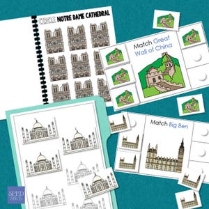 May include: Educational matching game featuring illustrations of famous landmarks. Includes a spiral-bound booklet with Notre Dame Cathedral, cards with the Great Wall of China, Big Ben, and Taj Mahal. The text "CIRCLE NOTRE DAME CATHEDRAL" is visible.