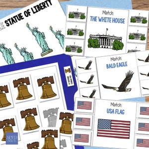 May include: Educational activity sheets featuring illustrations of USA symbols including the Statue of Liberty, the White House, a bald eagle, the USA flag, and the Liberty Bell. Each section includes matching tasks with text labels in blue and black.