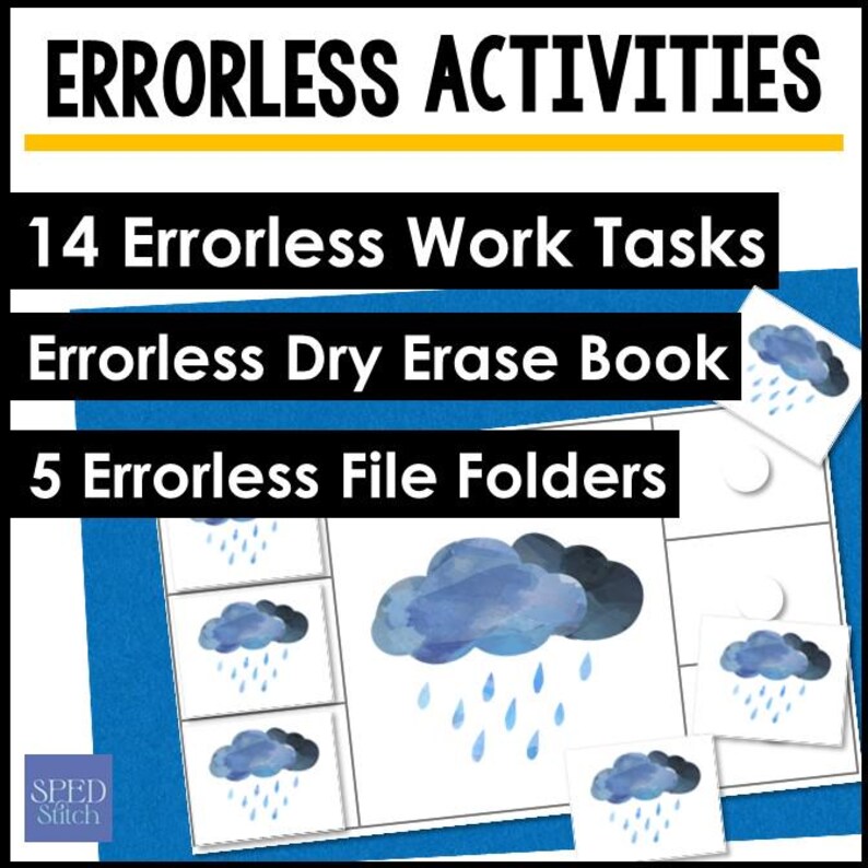 Pode incluir: Imagem promocional de "ERRORLESS ACTIVITIES", com os subt&iacute;tulos "14 Errorless Work Tasks", "Errorless Dry Erase Book" e "5 Errorless File Folders". A imagem apresenta ilustra&ccedil;&otilde;es de nuvens e chuva em aquarela azul.