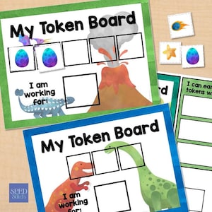 May include: Colorful token boards with dinosaur and volcano illustrations. The boards have spaces for tokens and the text "My Token Board" and "I am working for:" are displayed. Additional token options are also shown.