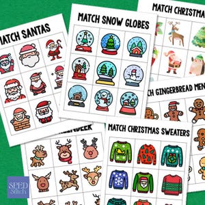 May include: A collection of Christmas-themed bingo cards featuring illustrations of Santas, snow globes, reindeer, gingerbread men, and Christmas sweaters. The cards are white with black text and colorful images, perfect for holiday games.