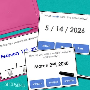 Puede incluir: Tarjetas didácticas con preguntas relacionadas con fechas. Las tarjetas presentan fechas como el 11 de febrero de 202 y el 2 de marzo de 2030, con respuestas de opción múltiple. También se ve un marcador negro y una carpeta rosa.